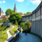 Séta a Le Mans-i római városfal mentén zöldellő fákkal és épületekkel