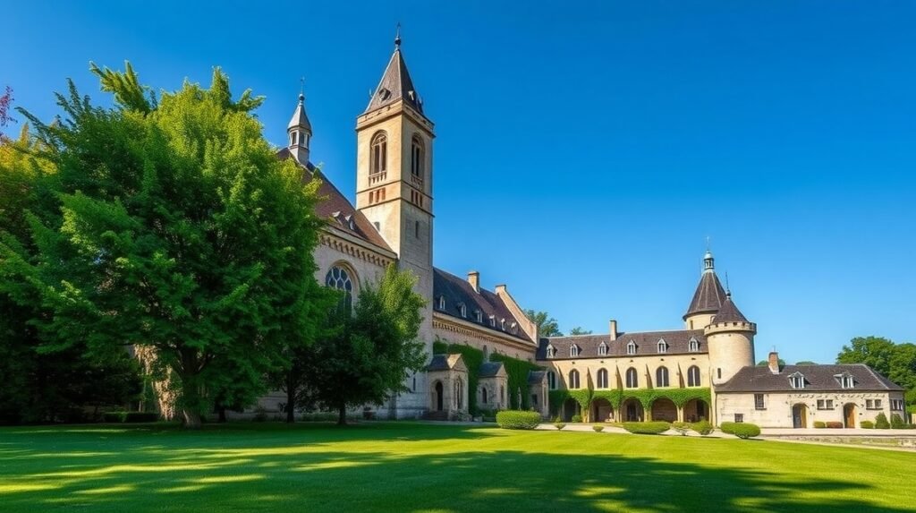 Az Abbaye de l'Épau ciszterci apátság Le Mans közelében, zöld környezetben.