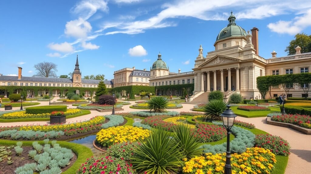 A Jardin des Plantes botanikus kert Le Mans városában, virágokkal és gyönyörű épületekkel.