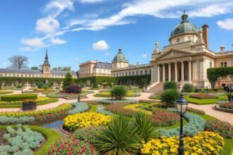 A Jardin des Plantes botanikus kert Le Mans városában, virágokkal és gyönyörű épületekkel.