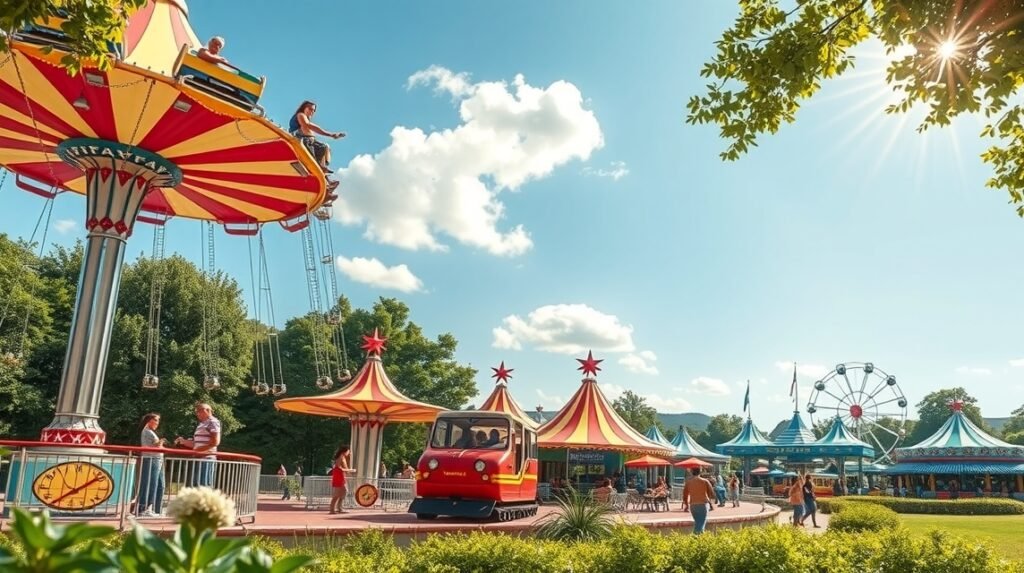 Papéa Parc vidámpark látképe, színes attrakciókkal és játékokkal.