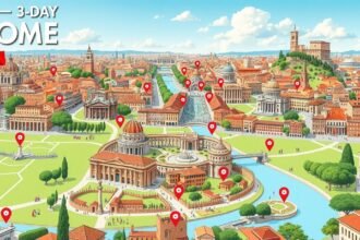 Róma városképe turisztikai látnivalókkal, 3 napos útiterv