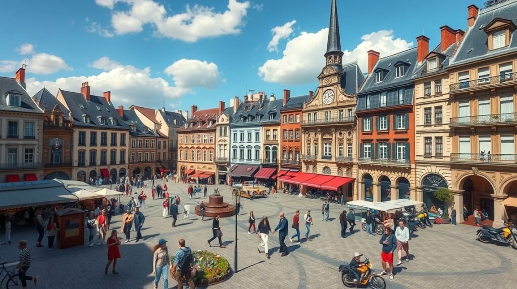Le Mans főtere, Place de la République, történelmi épületek és emberek.