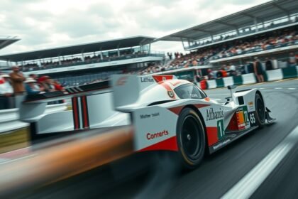 Gyors versenyautó a Le Mans-i versenyen, háttérben nézők.