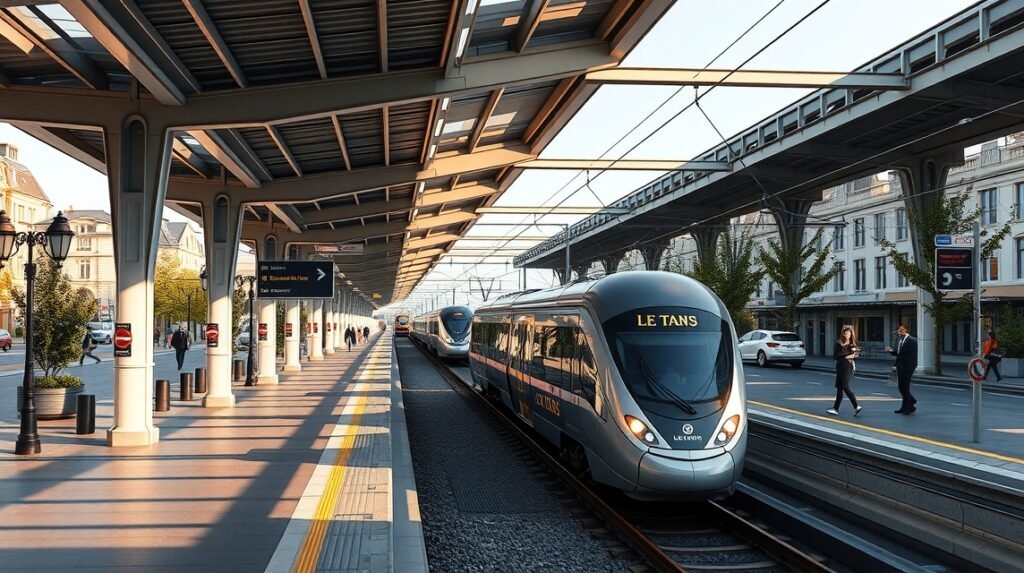 Villamos és TGV állomás Le Mans városában, modern közlekedési lehetőségek.