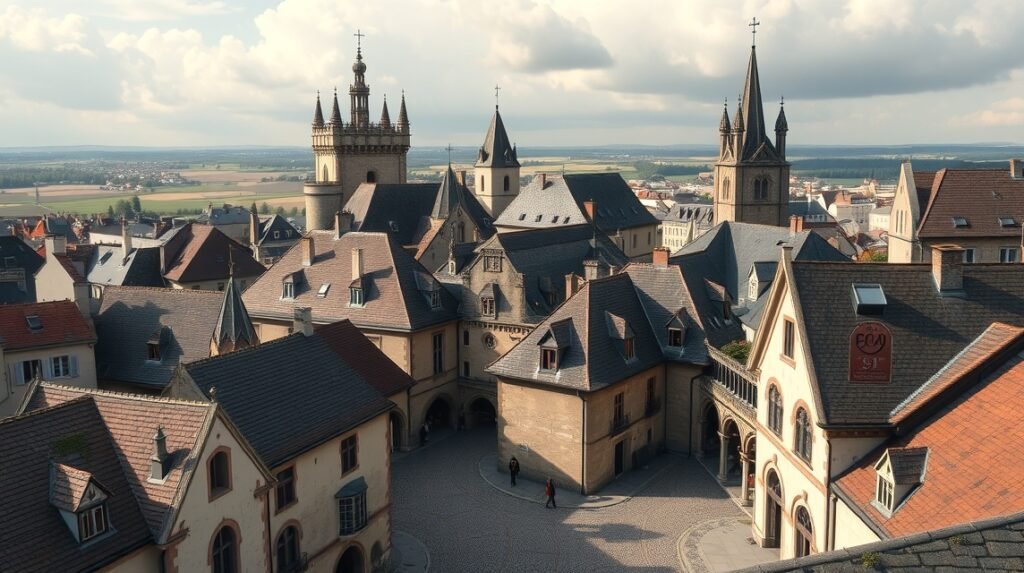 Le Mans középkori városképe, tele történelmi épületekkel