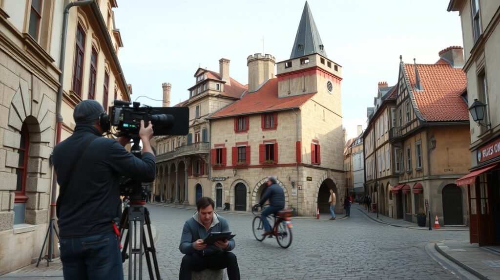 Forgatási helyszín Le Mans óvárosában, kamera és forgatócsapat egy filmhez.