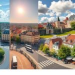 Le Mans városkép, napsütés és felhők, gyönyörű épületekkel.