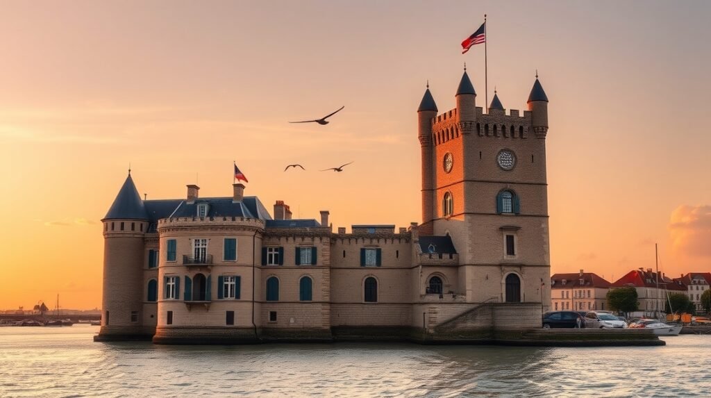 A La Rochelle-i Láncos torony naplementében, gyönyörű kilátással a kikötőre