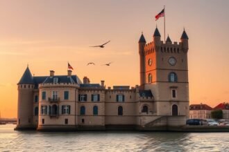 A La Rochelle-i Láncos torony naplementében, gyönyörű kilátással a kikötőre