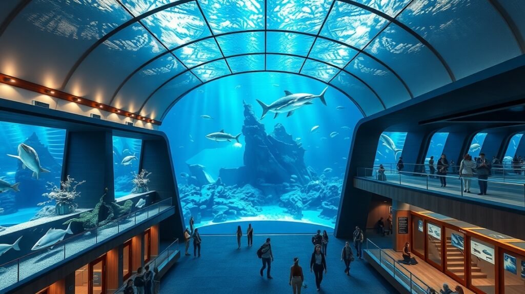 Aquarium La Rochelle belső terület óriási akváriummal és látogatókkal.