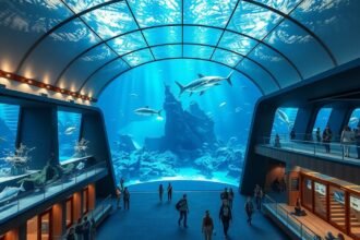 Aquarium La Rochelle belső terület óriási akváriummal és látogatókkal.