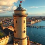 La Rochelle Lámpás tornyának panorámaképe a kikötőre.