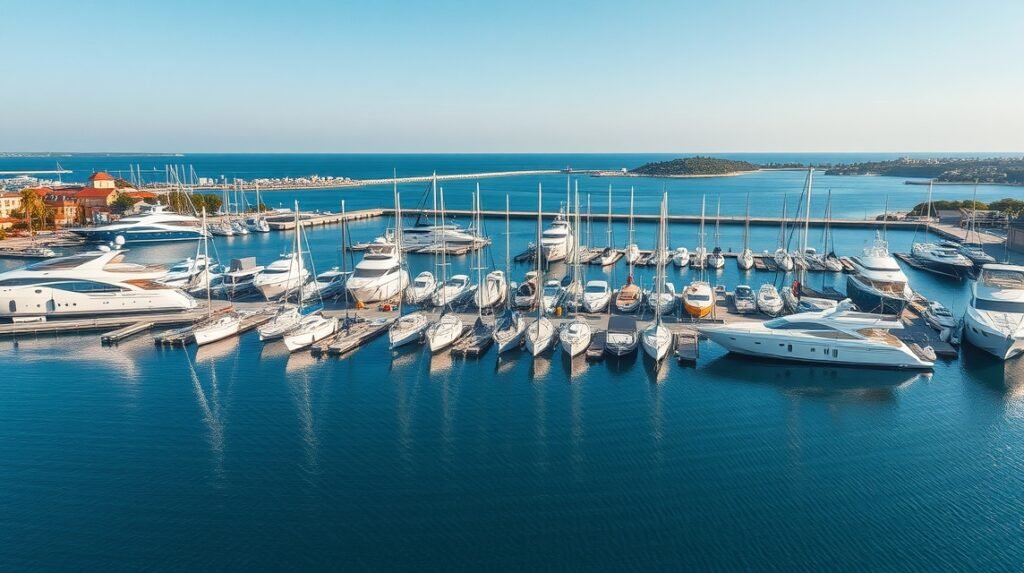 Les Minimes jachtkikötő La Rochelle-ben, vitorlásokkal és tengeri látvánnyal.