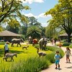 Gyerekek és felnőttek az állatparkban, különböző állatokkal.