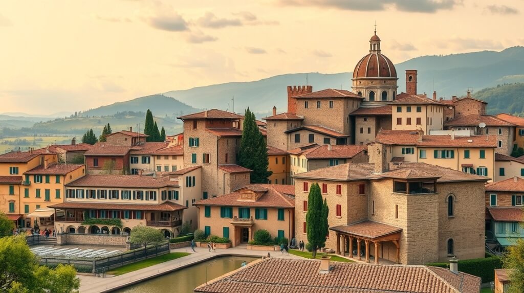 Toszkán kisváros panoráma dombok között