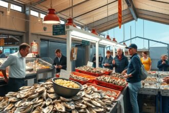 Friss osztrigák és tengeri herkentyűk a La Rochelle piacon