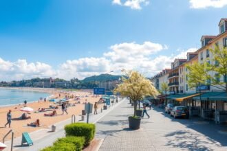 A La Rochelle tengerparti sétány napernyőkkel és pihenő emberekkel.