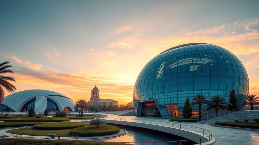 A Művészetek és Tudományok Városa Valencia híres épületei naplementében.