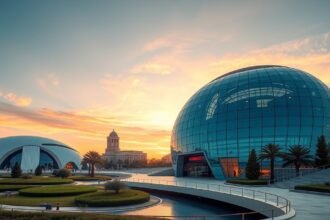 A Művészetek és Tudományok Városa Valencia híres épületei naplementében.