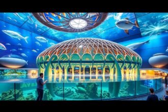 Az Oceanogràfic belső tere, egzotikus tengeri lényekkel.