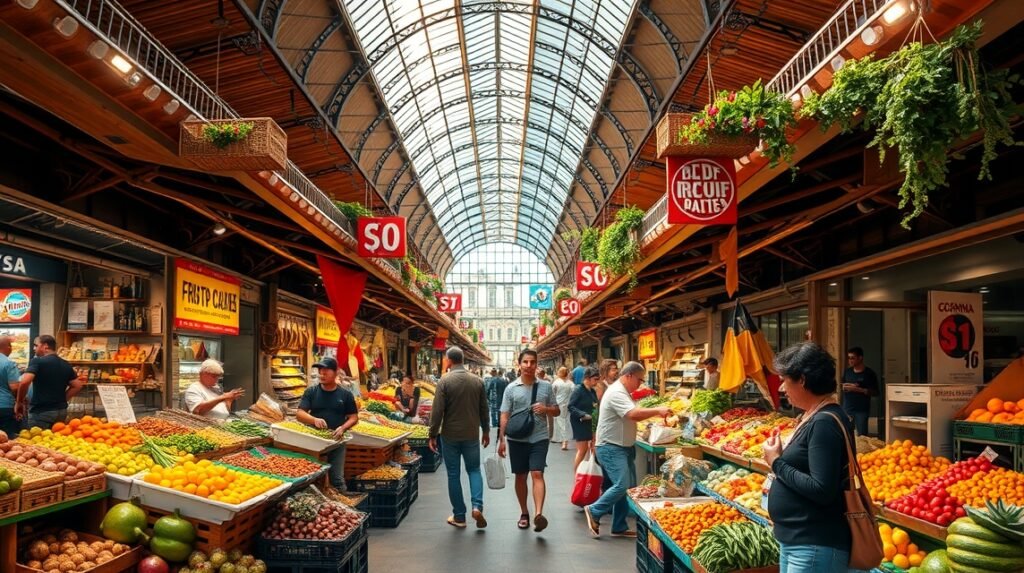 Színes gyümölcsök és friss alapanyagok a valenciai Központi Piacban.