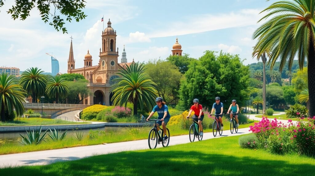 Kerékpározás a Valencia Turia folyó medrében zöld oázis környezetben.