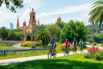 Kerékpározás a Valencia Turia folyó medrében zöld oázis környezetben.