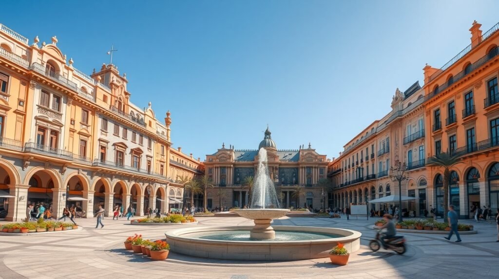 A Városháza tér elegáns épületei és szökőkútja Valencia szívében.