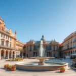 A Városháza tér elegáns épületei és szökőkútja Valencia szívében.