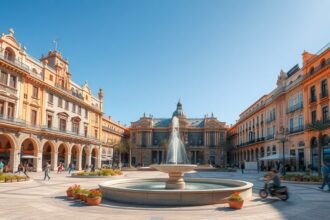 A Városháza tér elegáns épületei és szökőkútja Valencia szívében.
