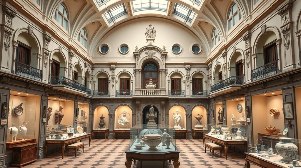 A valenciai Kerámiamúzeum elegáns belső tere és művészeti gyűjteményei.