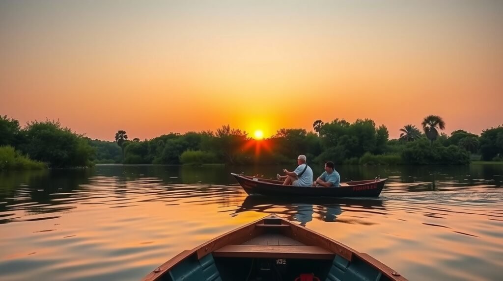 Hajókázás az Albufera taván a naplementében