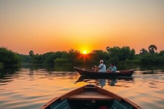 Hajókázás az Albufera taván a naplementében