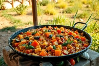 Tradicionális Paella Valenciana friss hozzávalókkal, gyönyörű környezetben.