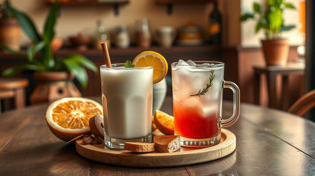 Hűsítő horchata és Agua de Valencia italok egy árnyékos asztalon