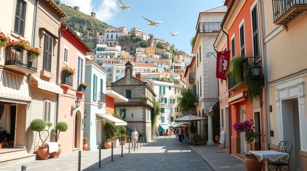 Egy nyugodt utcás kép Positanoban, Olaszországban, virágokkal díszített házakkal.