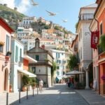 Egy nyugodt utcás kép Positanoban, Olaszországban, virágokkal díszített házakkal.