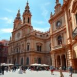 Murcia katedrális barokk homlokzata a napfényben, látnivalók felfedezése közben.