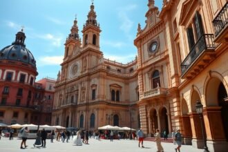 Murcia katedrális barokk homlokzata a napfényben, látnivalók felfedezése közben.