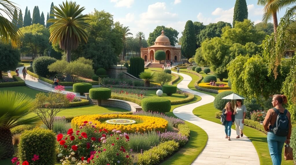 Floridablanca kert Murcia város zöld szívében, virágokkal és sétálókkal.