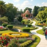 Floridablanca kert Murcia város zöld szívében, virágokkal és sétálókkal.