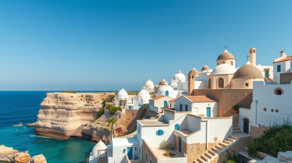 Polignano a Mare tengerparti tája és trulló házai Olaszországban.