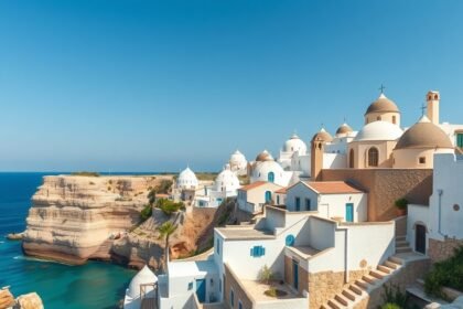 Polignano a Mare tengerparti tája és trulló házai Olaszországban.