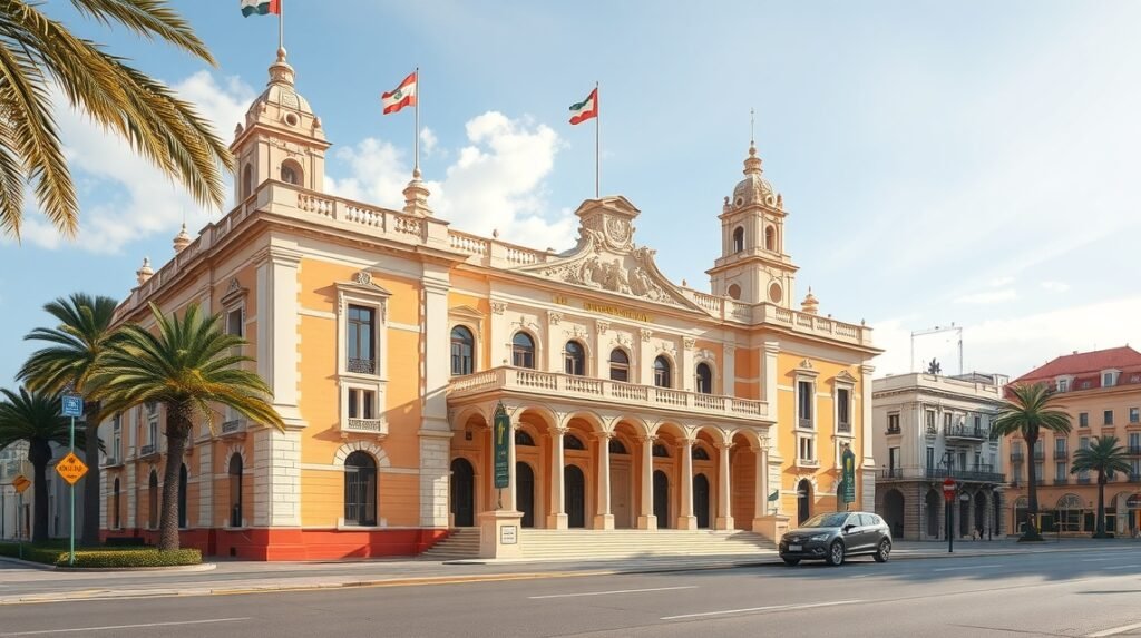 A neoklasszicista Városháza impozáns homlokzata Murciában.