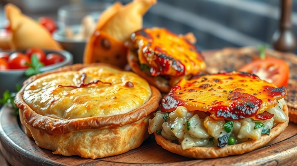 A Murcia gasztronómiai specialitások, Pastel de Carne és Marinera tapas.