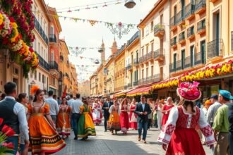 A Bando de la Huerta fesztivál élénk felvonulása Murcia városában.