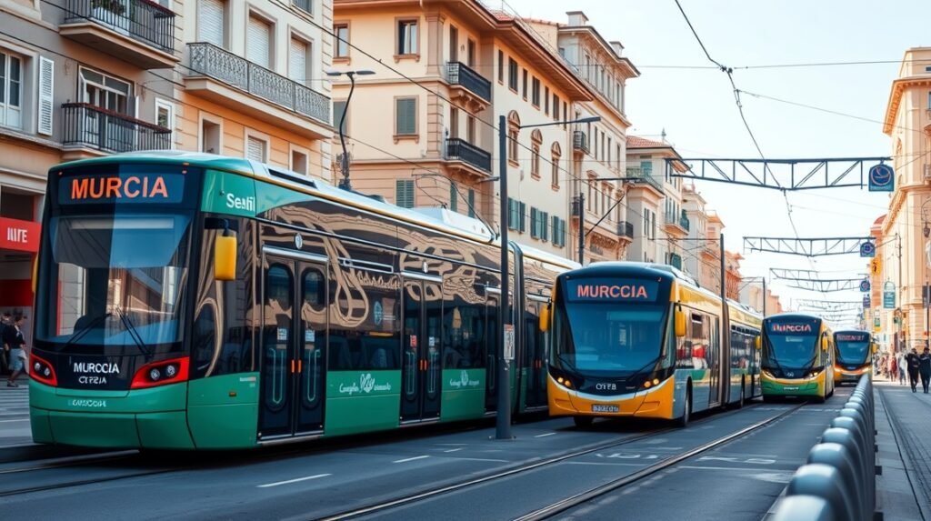 Villamosok és buszok a murciai közlekedési hálózat részeként