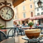 Cappuccino a teraszon, óriási faliórával a háttérben, olasz gasztronómia.
