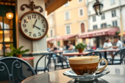 Cappuccino a teraszon, óriási faliórával a háttérben, olasz gasztronómia.